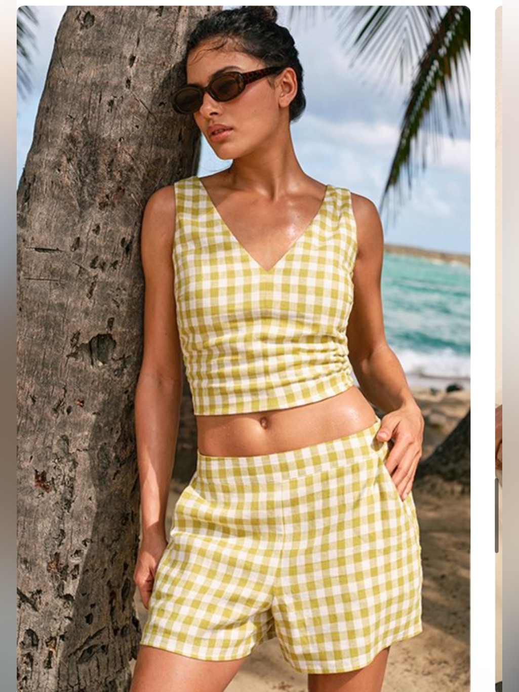 Nwt!! Express Yellow Gingham V-Neck Cropped Top And Shorts Set
